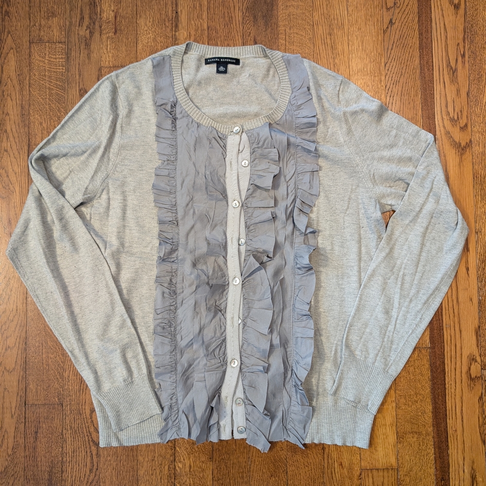 Banana Republic Light Gray Ruffled Cardigan